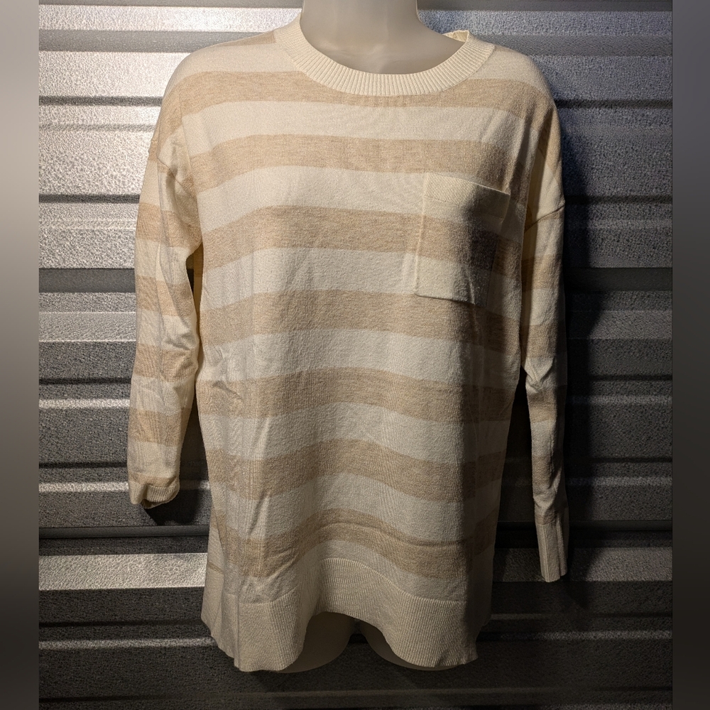 LOFT Cream and Tan Striped Long Sleeve Tee
